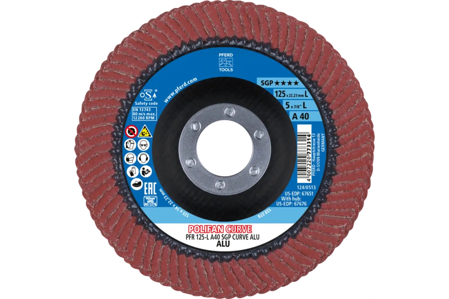 Picture of Pferd Flap Disc, 5" x 7/8, A SGP Curve ALU, 40 Grit, Large Radius, Aluminum oxide